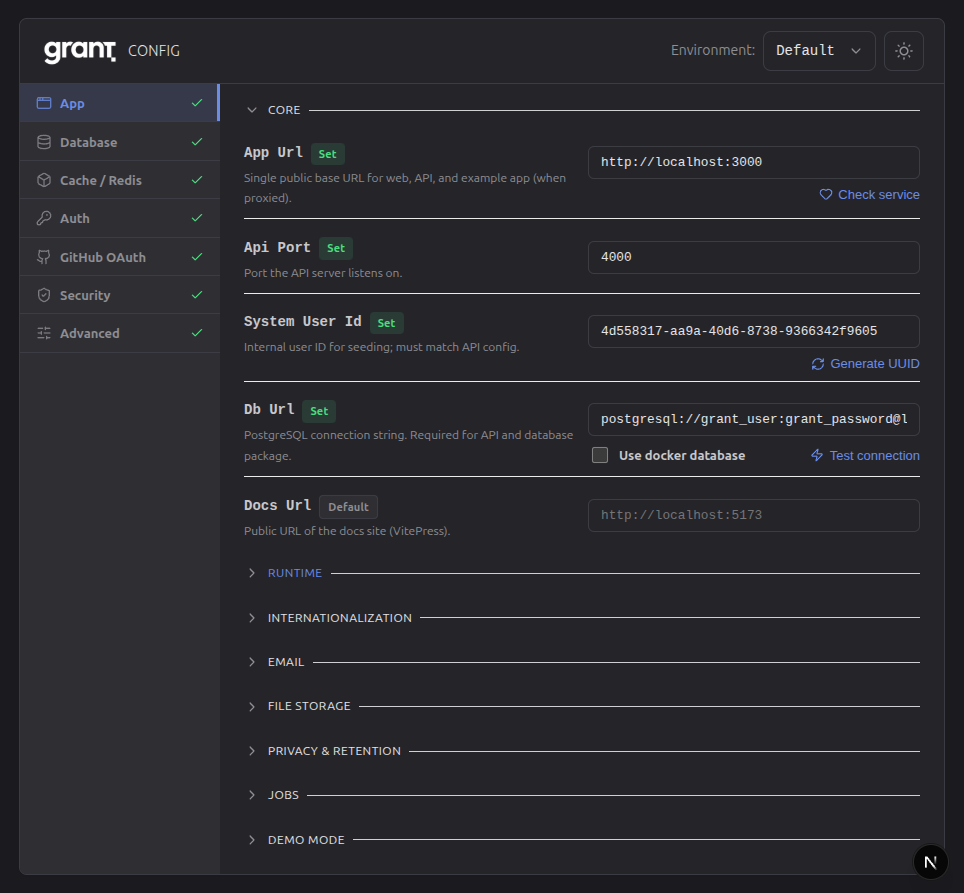 Config app — dark theme